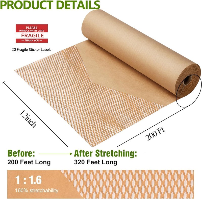 Besitek ورق تعبئة على شكل خلية نحل، 12" عرض × 200' طول، لفافة وسادة فقاعية للتعبئة والنقل، ورق تغليف للمنتجات والهدايا، مواد تعبئة قابلة لإعادة التدوير وقابلة للتحلل الحيوي مع 20 ملصق هش - Image 2